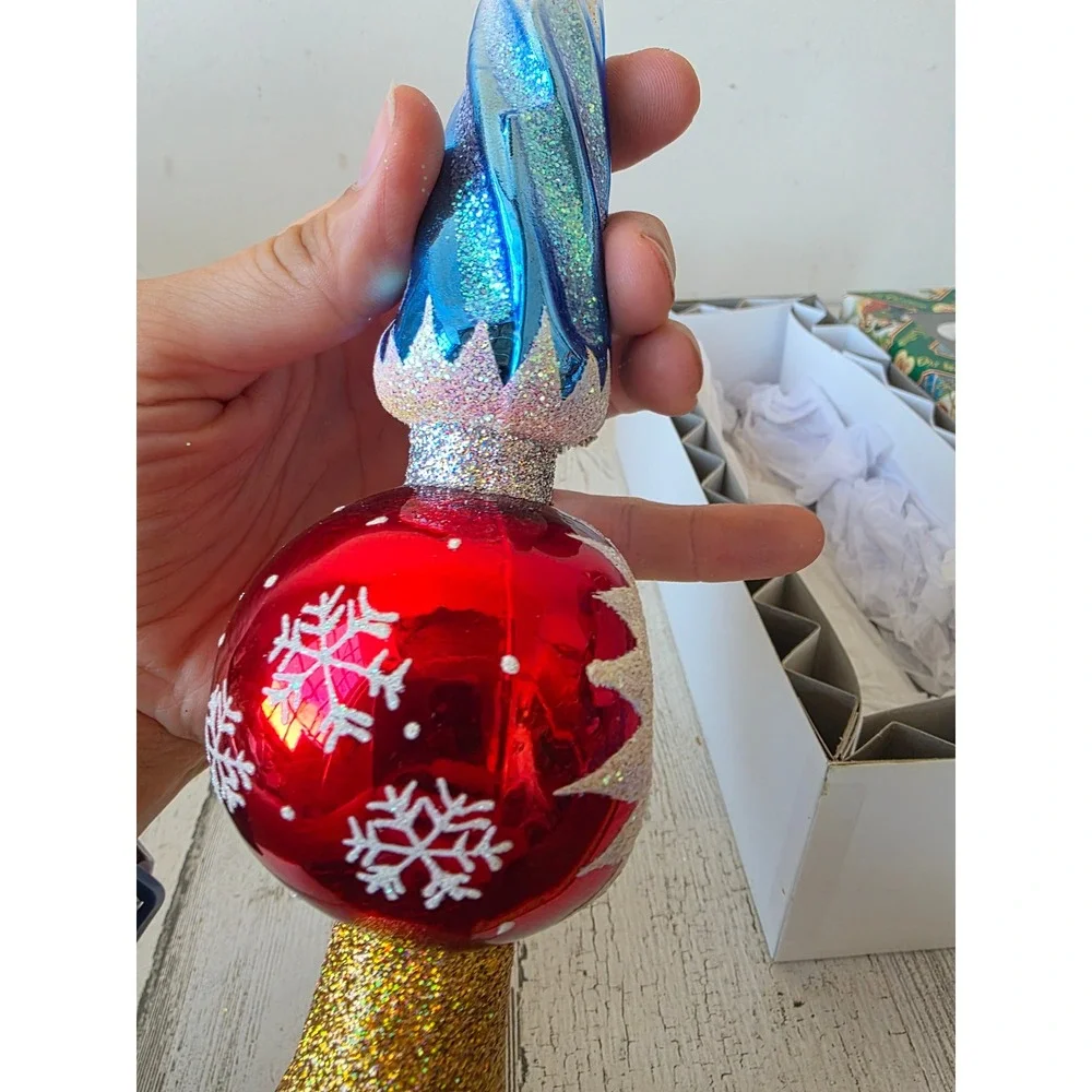 OWC old world indent icicle tree topper glass gold blue glitter Xmas tree